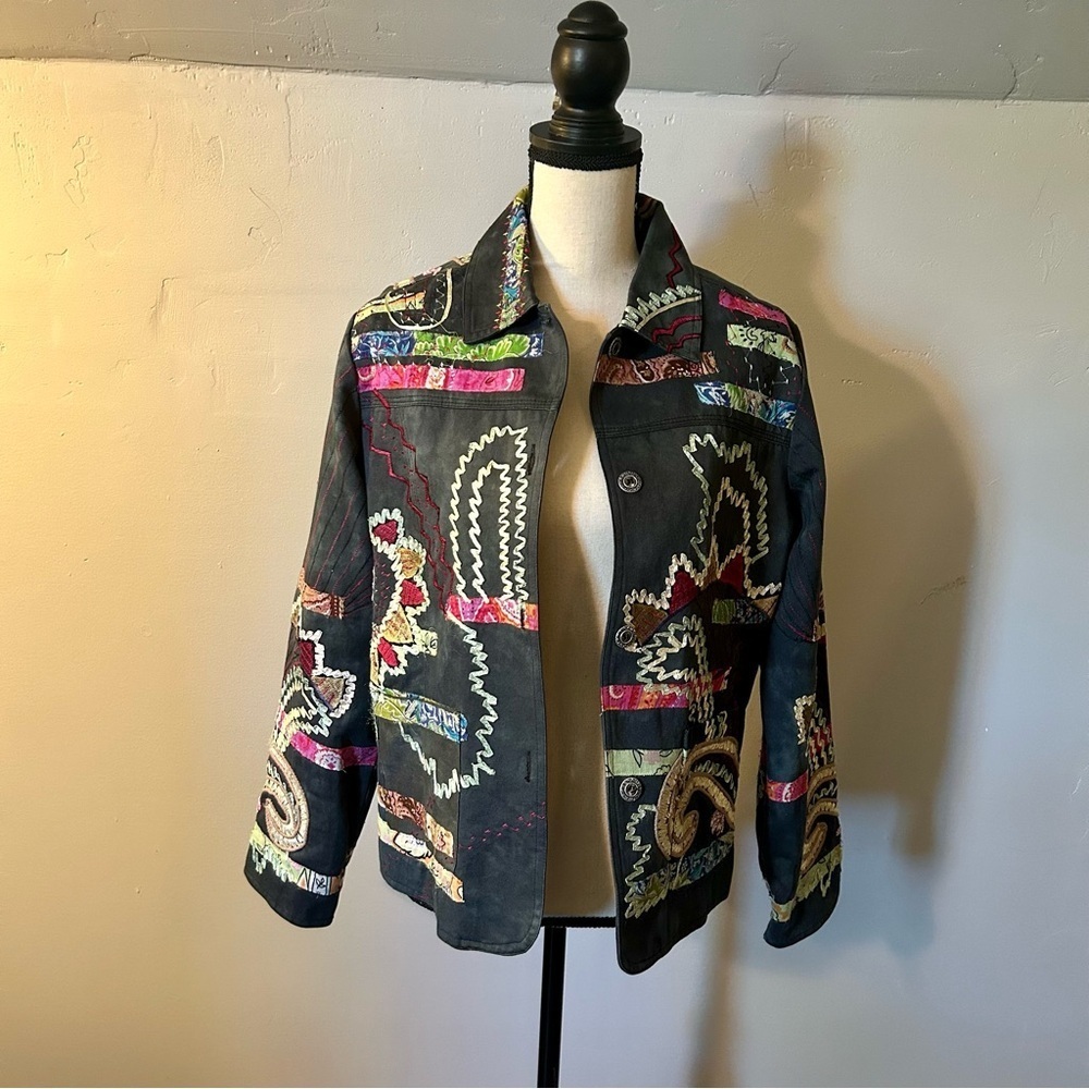 Parsley & Sage Embroidered Patchwork Jacket Gray Multicolor Size: Medium Boho